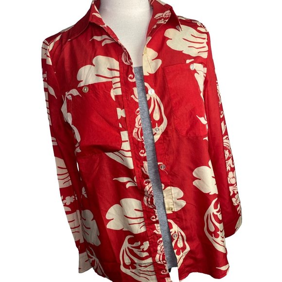 NWT Z & I floral button front collar shirt top red beige tan nude long sleeve M - Picture 2 of 12